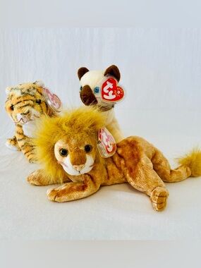Ty Beanie Plush Trio - Lion, Tiger & Siamese Cat 2001, and 2003